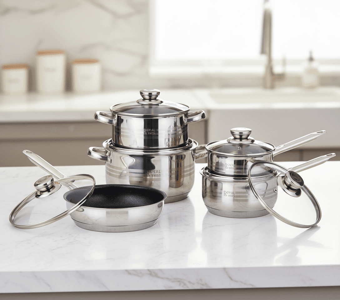 Batterie de cuisine Royal Swiss 12 pièces en acier inoxydable avec couvercles en verre. — vue 3