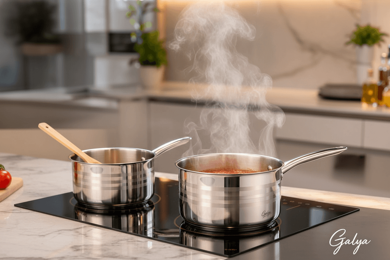 Image d'une boîte de batterie de cuisine Galya de 5 pièces en acier inoxydable avec une femme souriante. — vue 3