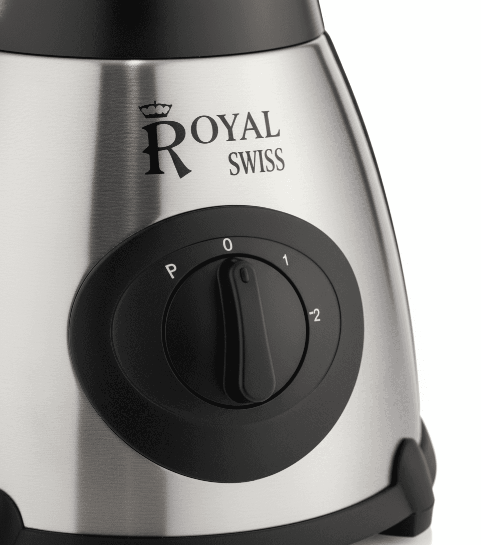 Blender Royal Swiss en acier inoxydable avec bol en verre et broyeur, posé sur un plan de travail de cuisine. — vue 3