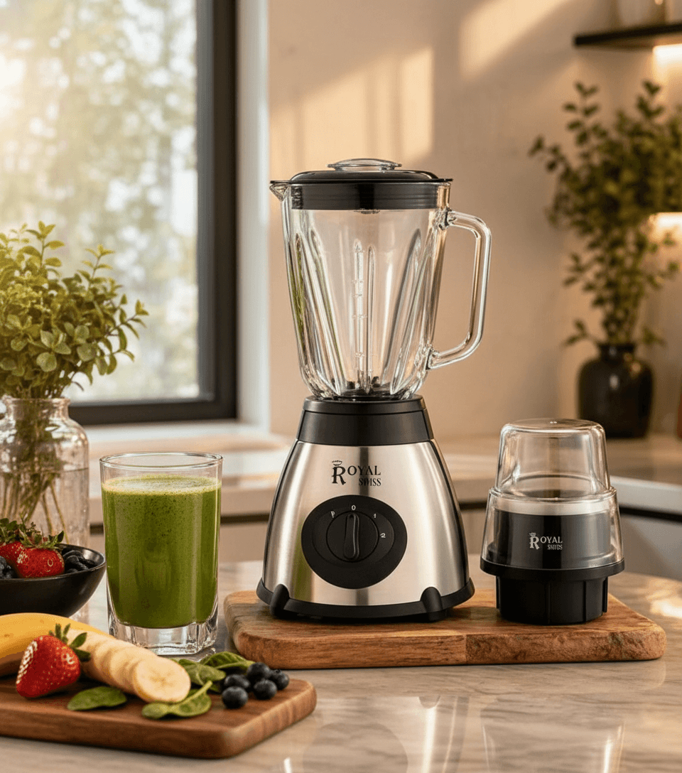 Blender Royal Swiss en acier inoxydable avec bol en verre et broyeur, posé sur un plan de travail de cuisine. — vue 2