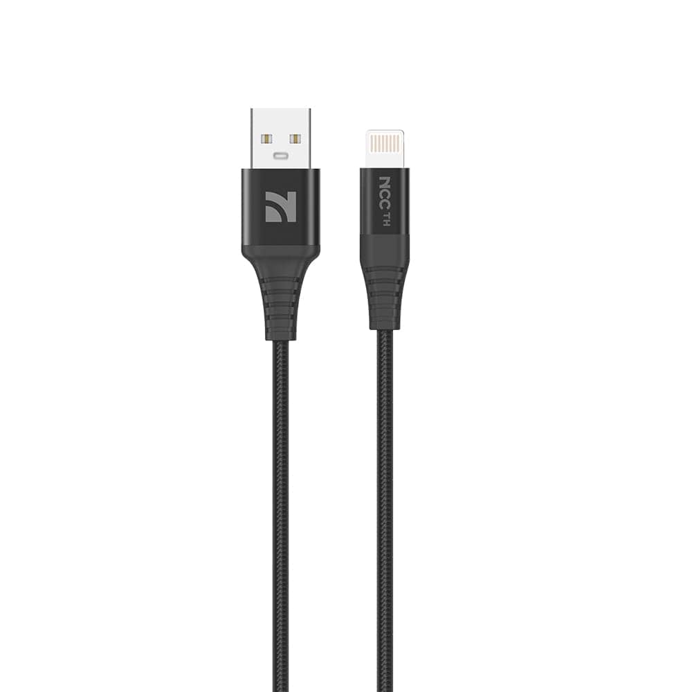 Un câble de données noir USB-A vers Lightning de marque NCC, présenté dans son emballage blanc. — vue 2