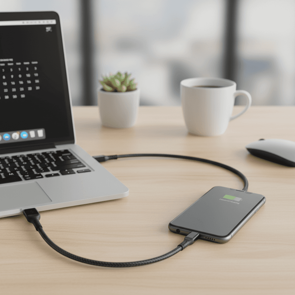 Câble de charge et de données noir tressé avec connecteurs USB-A et USB-C sur fond blanc. — vue 3