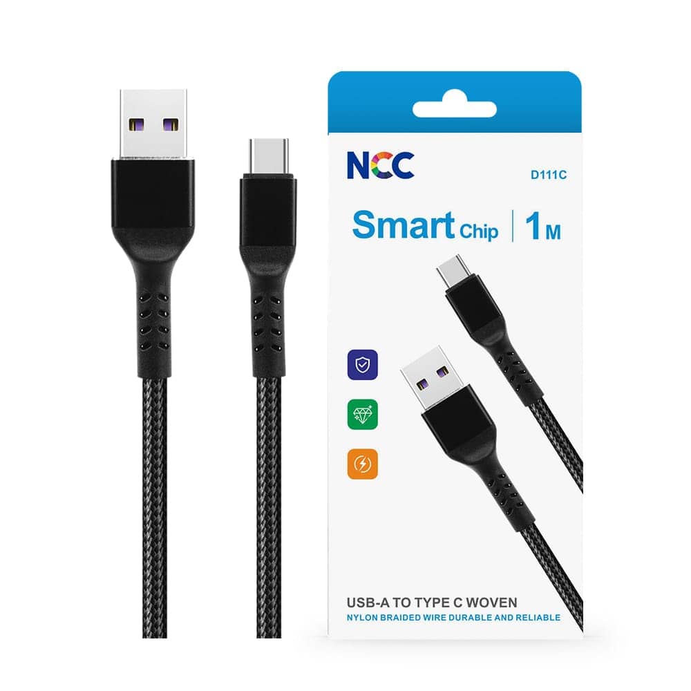 Câble de charge et de données noir tressé avec connecteurs USB-A et USB-C sur fond blanc. — vue 1