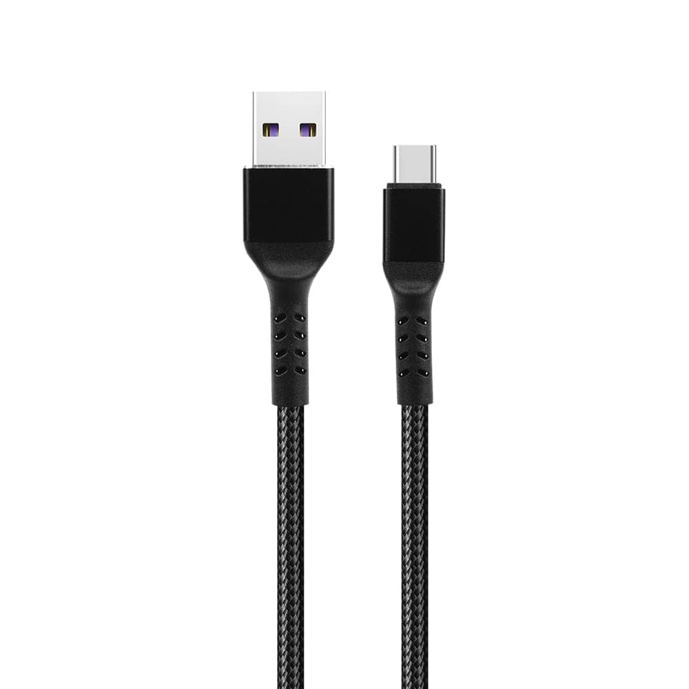 Câble de charge et de données noir tressé avec connecteurs USB-A et USB-C sur fond blanc. — vue 2