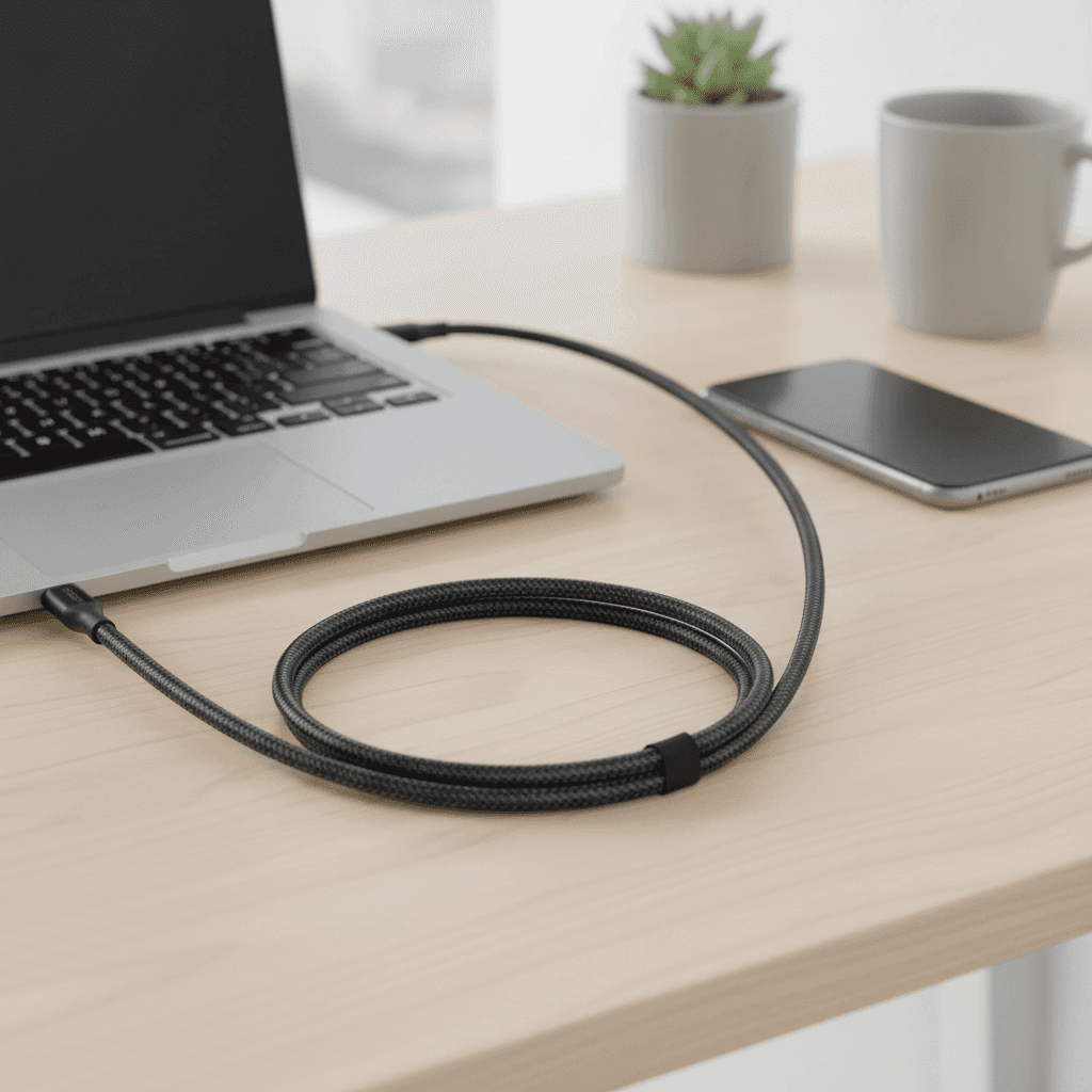 Un câble de charge USB-C vers USB-C noir tressé de 2 mètres, présenté à côté de son emballage. — vue 2
