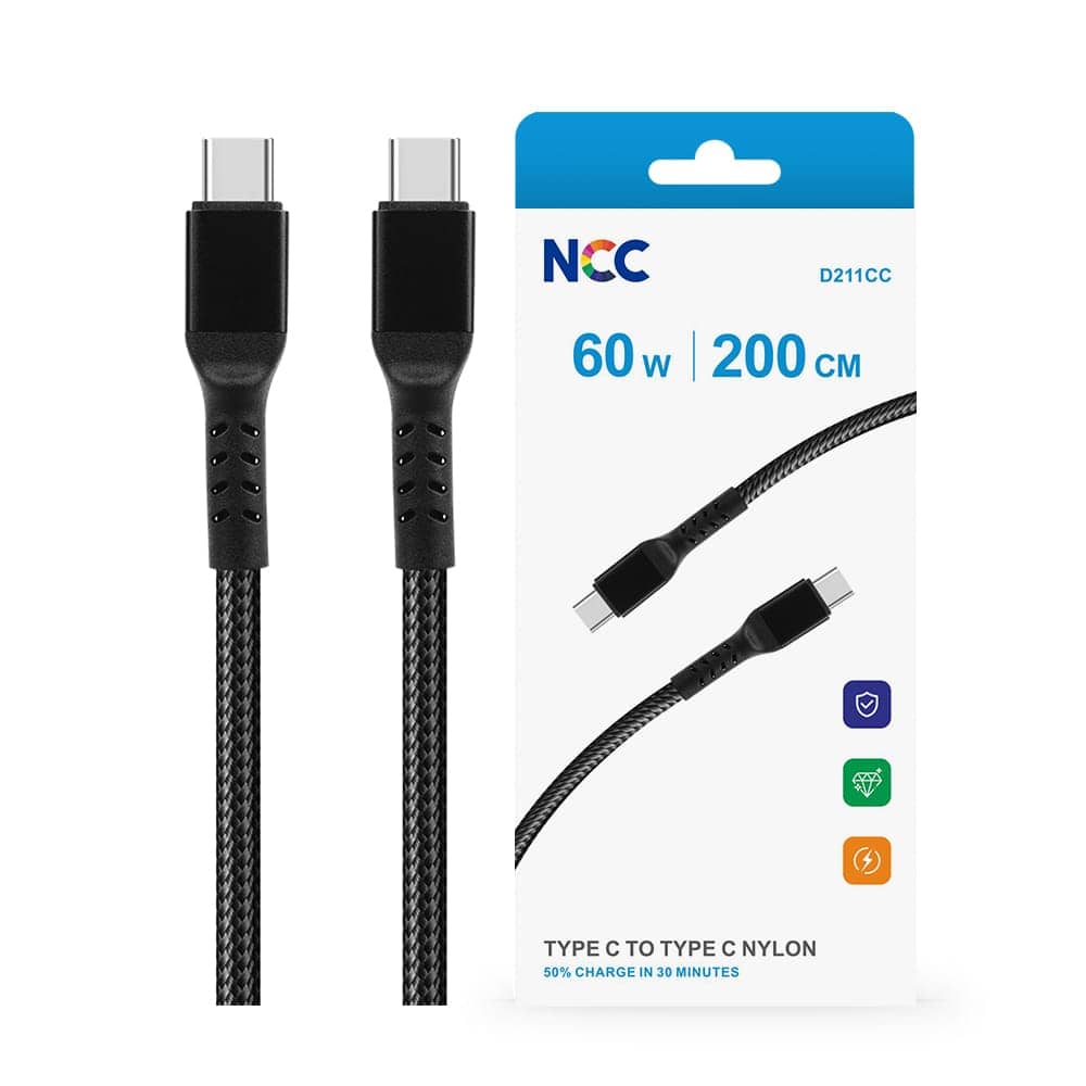 Un câble de charge USB-C vers USB-C noir tressé de 2 mètres, présenté à côté de son emballage. — vue 1