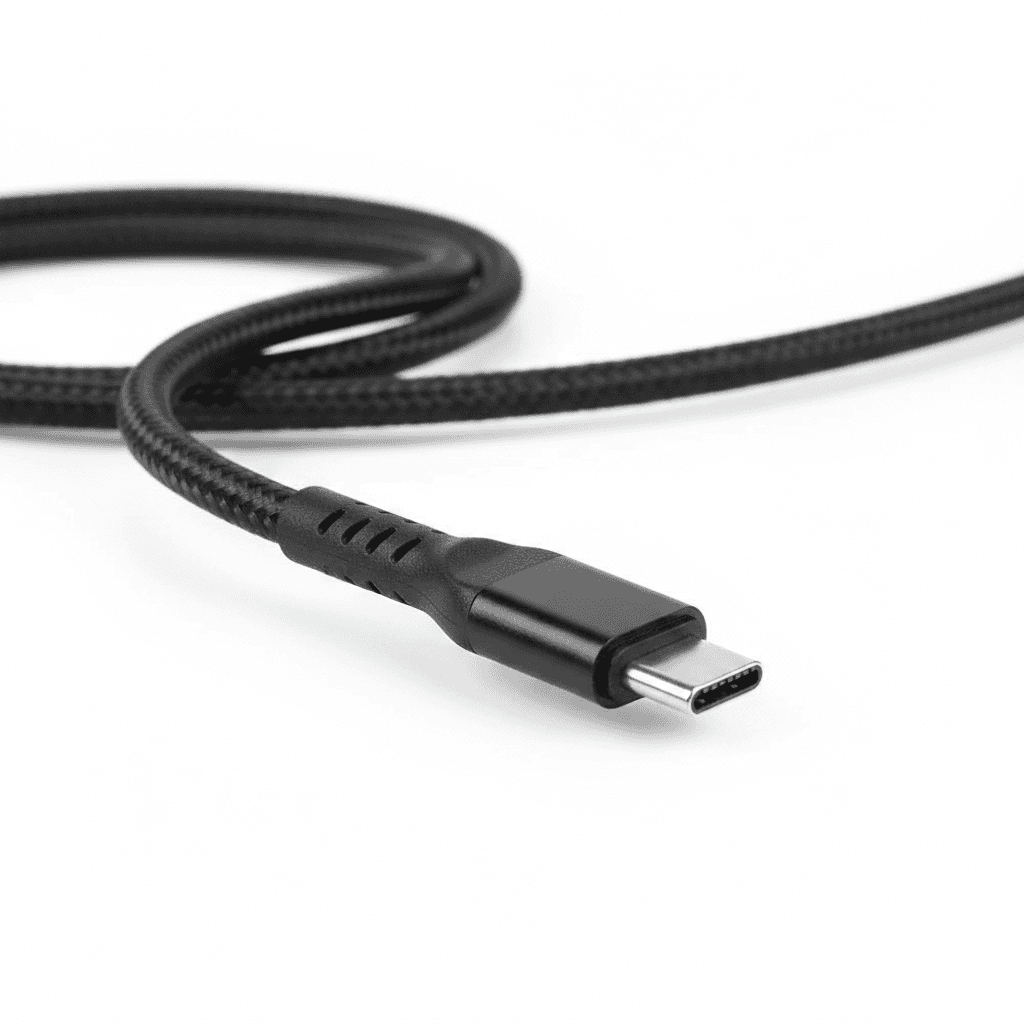 Un câble de charge USB-C vers USB-C noir tressé de 2 mètres, présenté à côté de son emballage. — vue 3