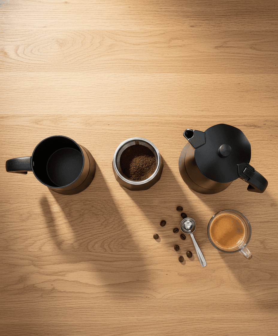 Cafetière italienne noire mate sur un comptoir de cuisine en bois avec une tasse de café. — vue 3