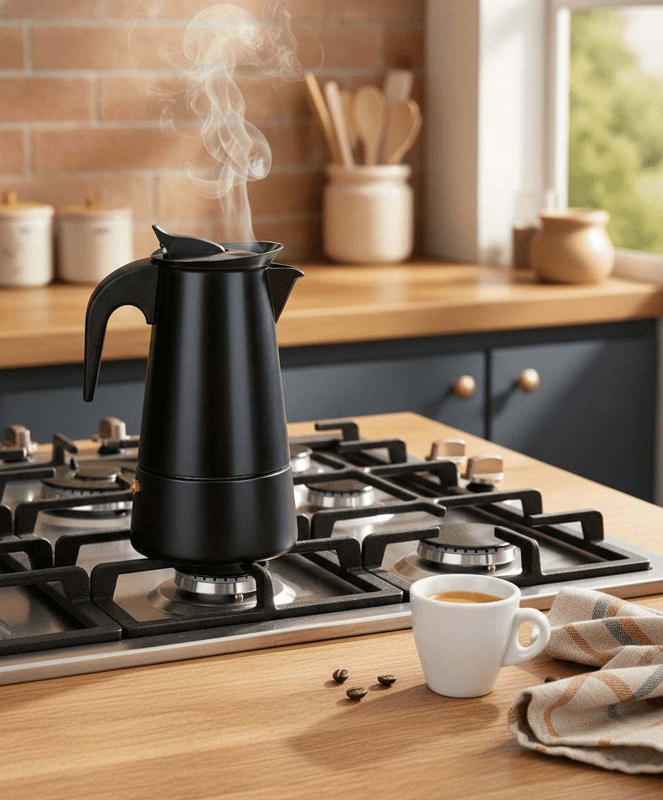 Cafetière italienne noire mate sur un comptoir de cuisine en bois avec une tasse de café. — vue 2
