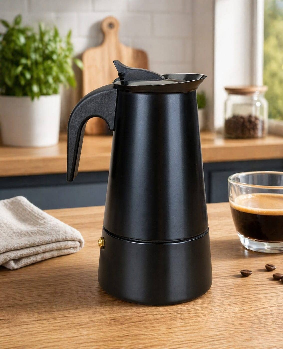 Cafetière italienne noire mate sur un comptoir de cuisine en bois avec une tasse de café. — vue 1