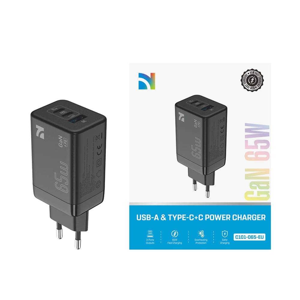 Un chargeur mural blanc compact de 65W avec trois ports USB-A et USB-C, affichant la technologie GaN. — vue 2