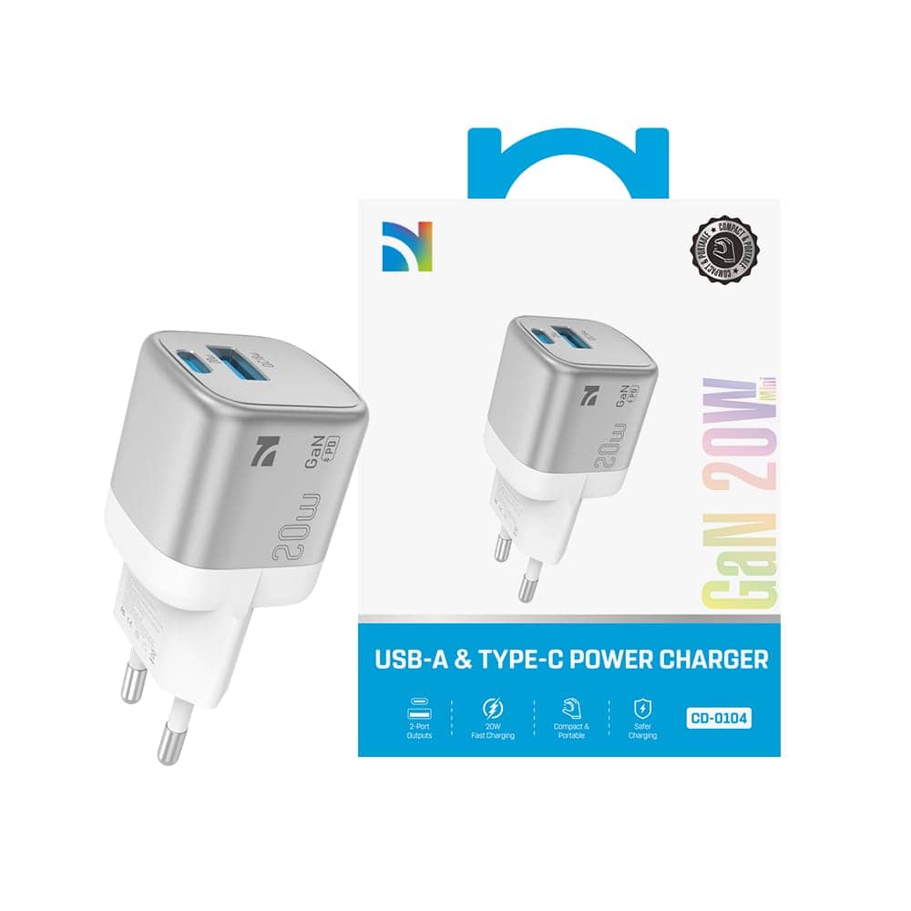 Chargeur mural compact gris et noir avec ports USB-C et USB-A, affichant 20W et GaN. — vue 3