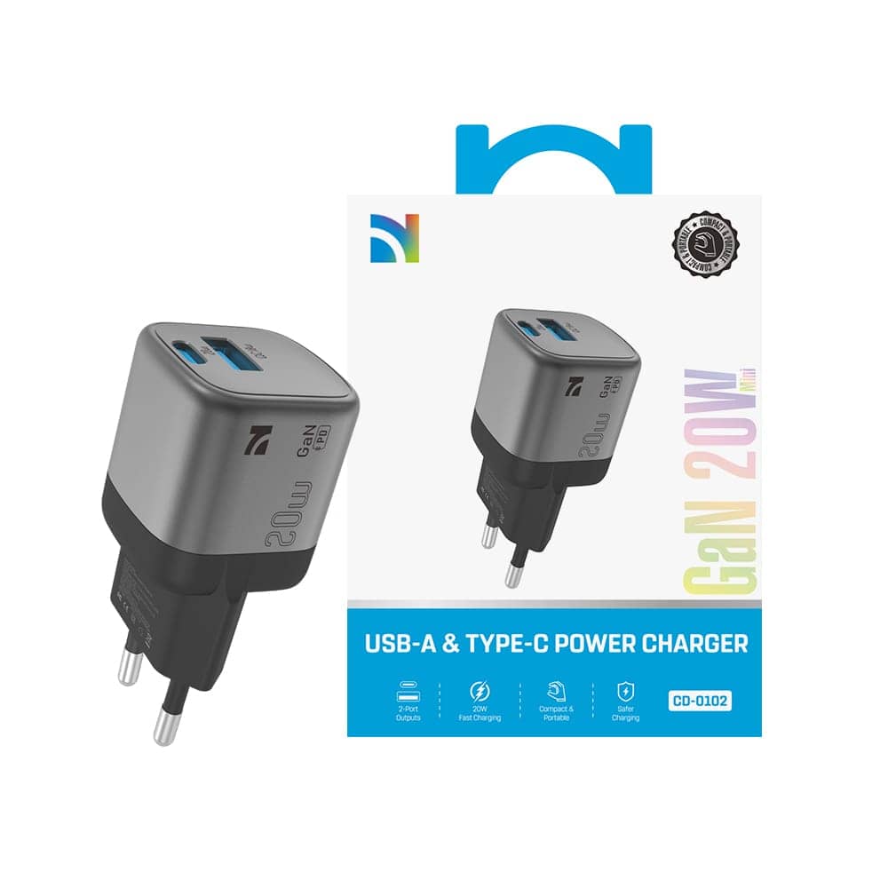 Chargeur mural compact gris et noir avec ports USB-C et USB-A, affichant 20W et GaN. — vue 4