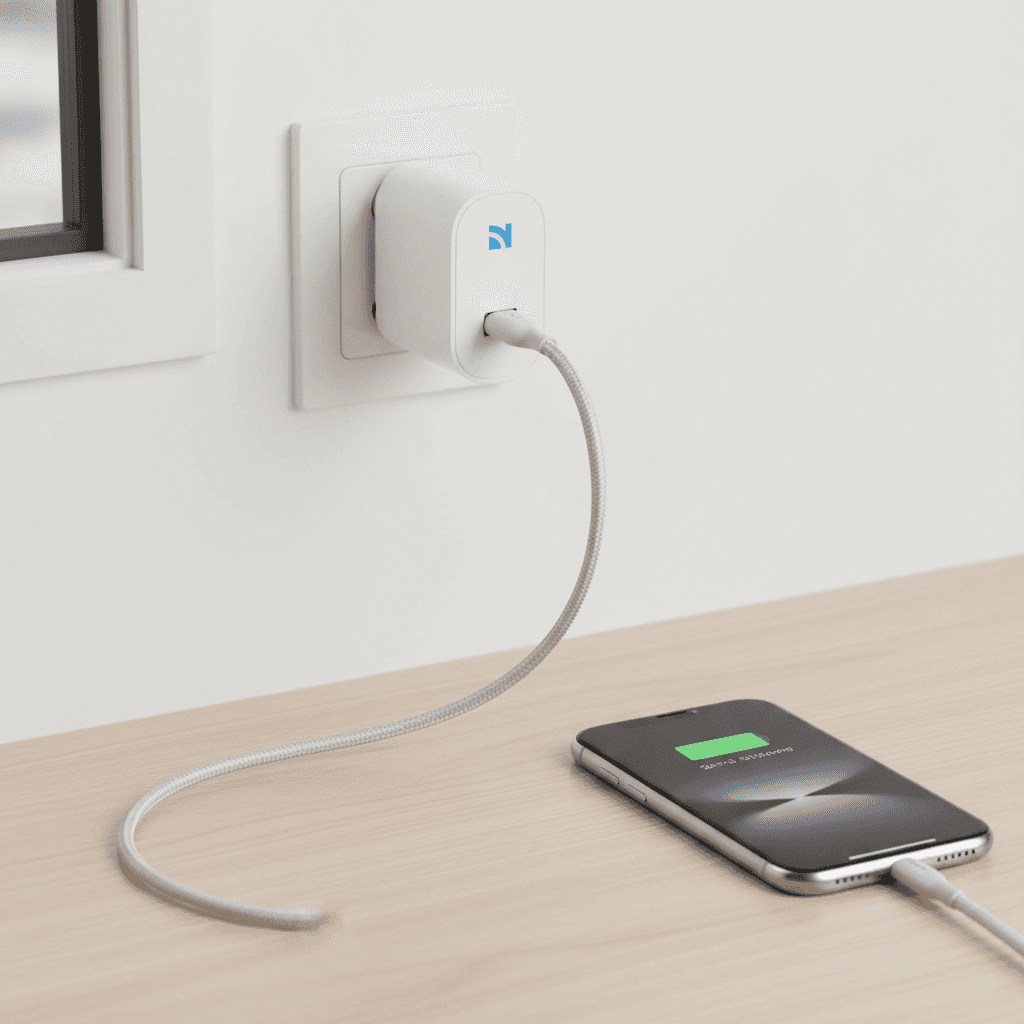Chargeur mural blanc NCC 20W USB-C avec prise europeenne, presente seul et sur son emballage. — vue 3