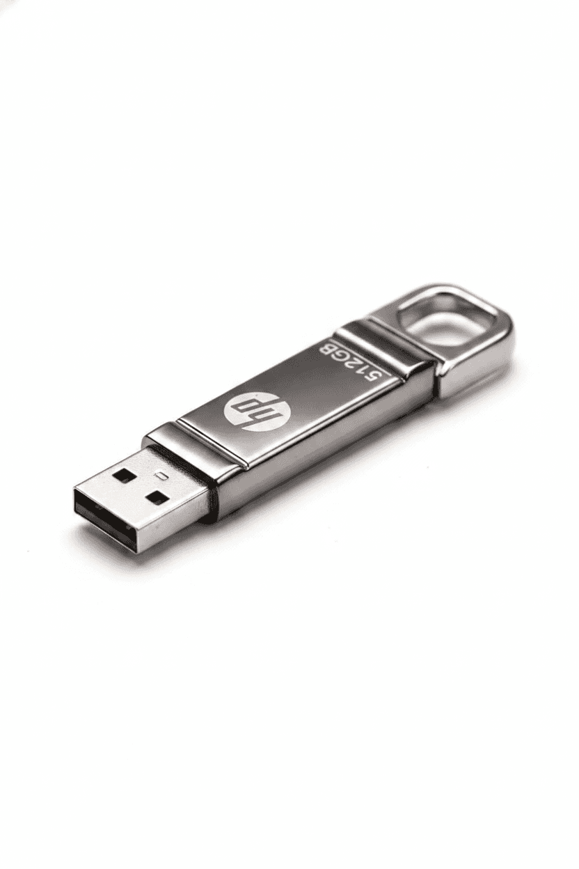 Quatre images montrant une clé USB HP 512 Go ultra-fine en métal, posée sur un clavier et avec des clés. — vue 3