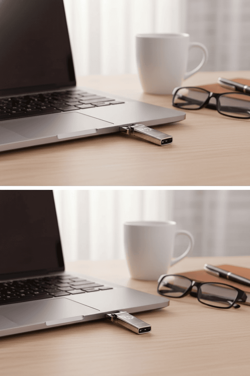 Quatre images montrant une clé USB HP 512 Go ultra-fine en métal, posée sur un clavier et avec des clés. — vue 2