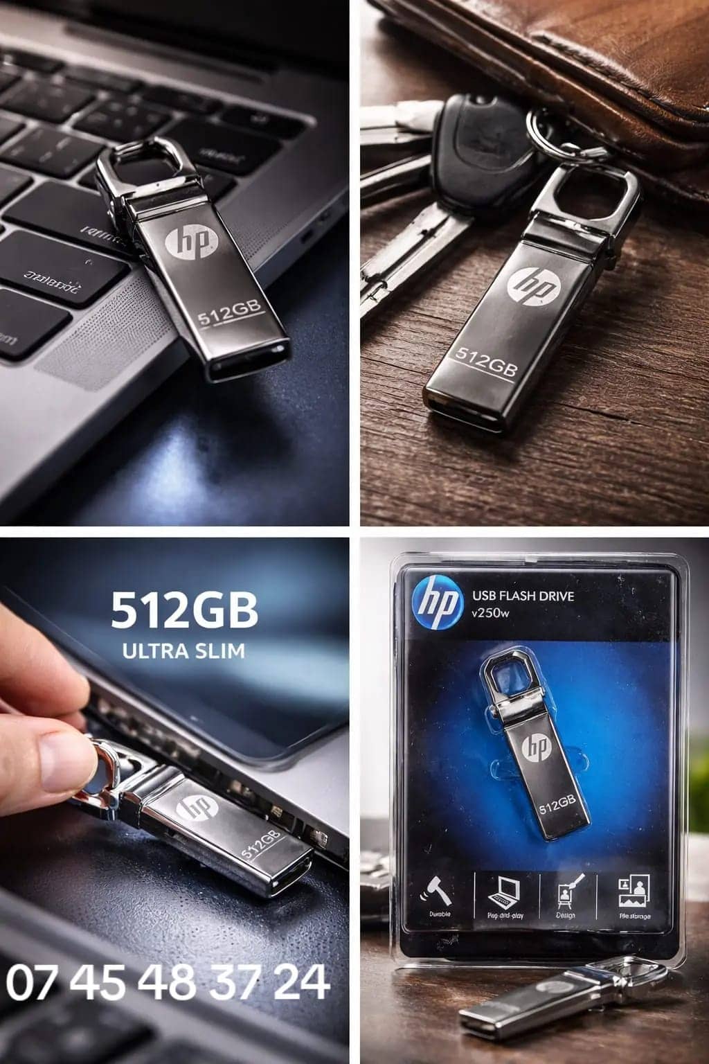 Quatre images montrant une clé USB HP 512 Go ultra-fine en métal, posée sur un clavier et avec des clés. — vue 1