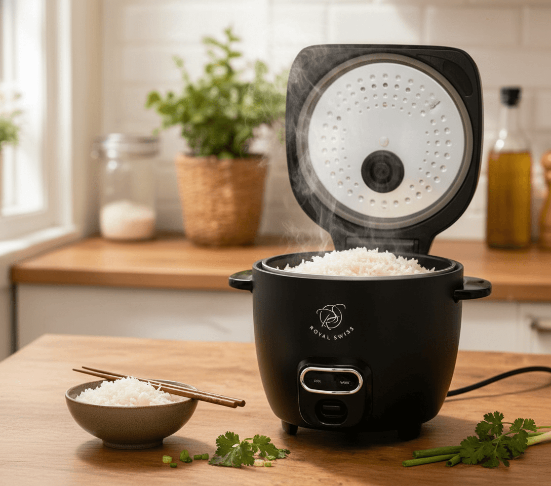 Un cuiseur à riz électrique noir Royal Swiss de 2.8L avec son emballage, posé sur un comptoir en bois. — vue 2