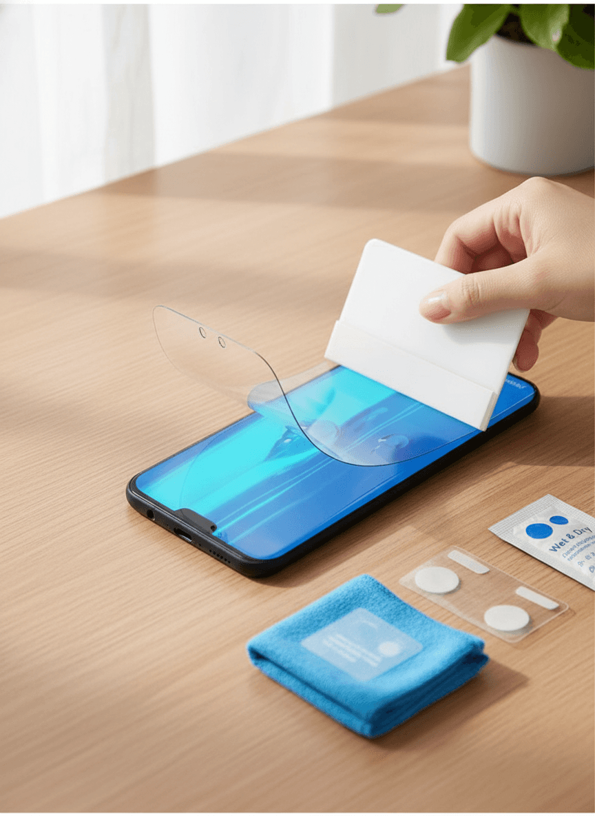 Une main applique un film de protection transparent sur l'écran bleu d'un smartphone avec une raclette. — vue 2
