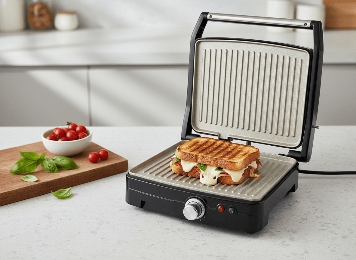 Grill de contact noir ouvert, montrant ses plaques de cuisson striées antiadhésives de couleur claire. — vue 2