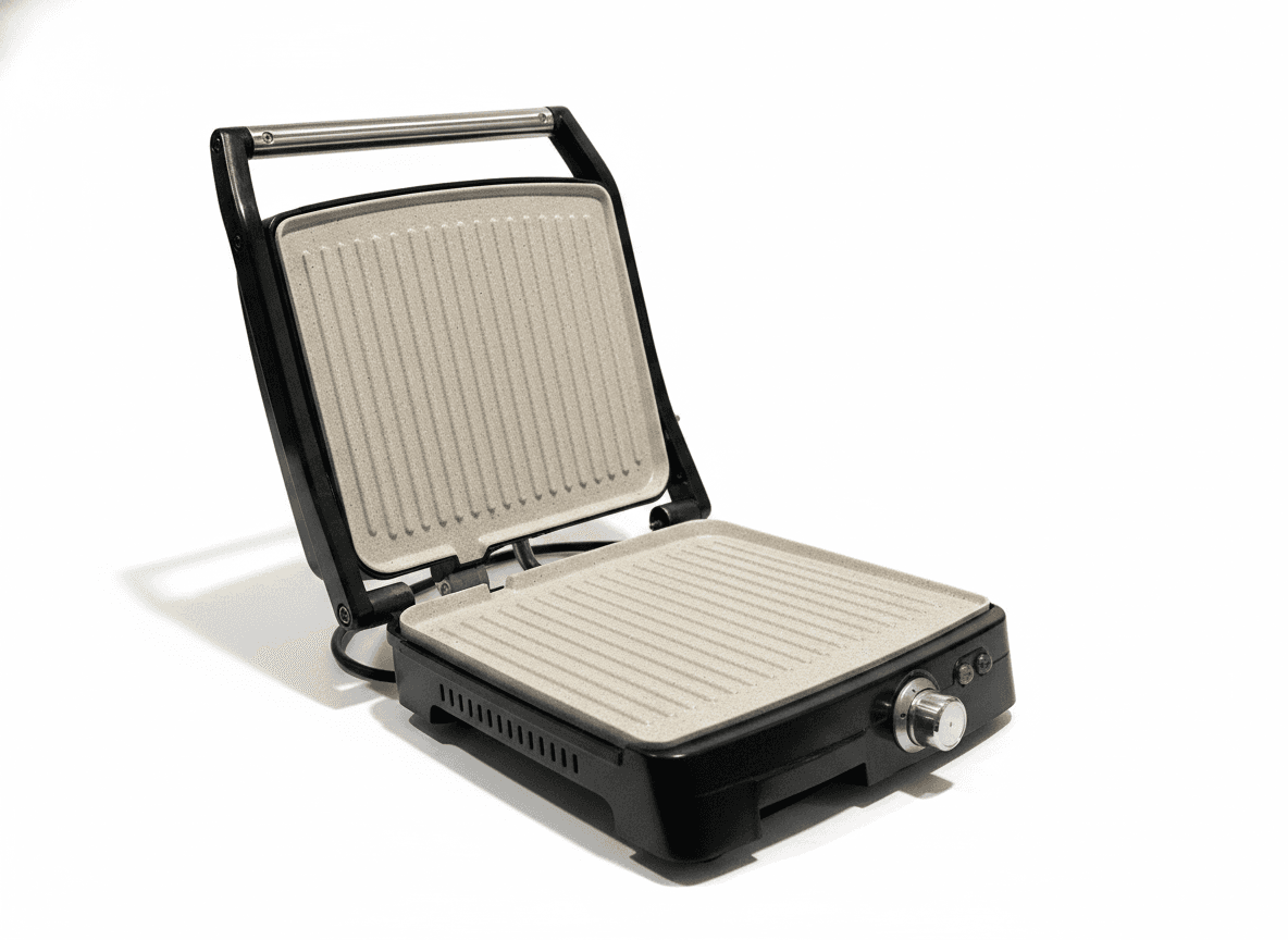 Grill de contact noir ouvert, montrant ses plaques de cuisson striées antiadhésives de couleur claire. — vue 3