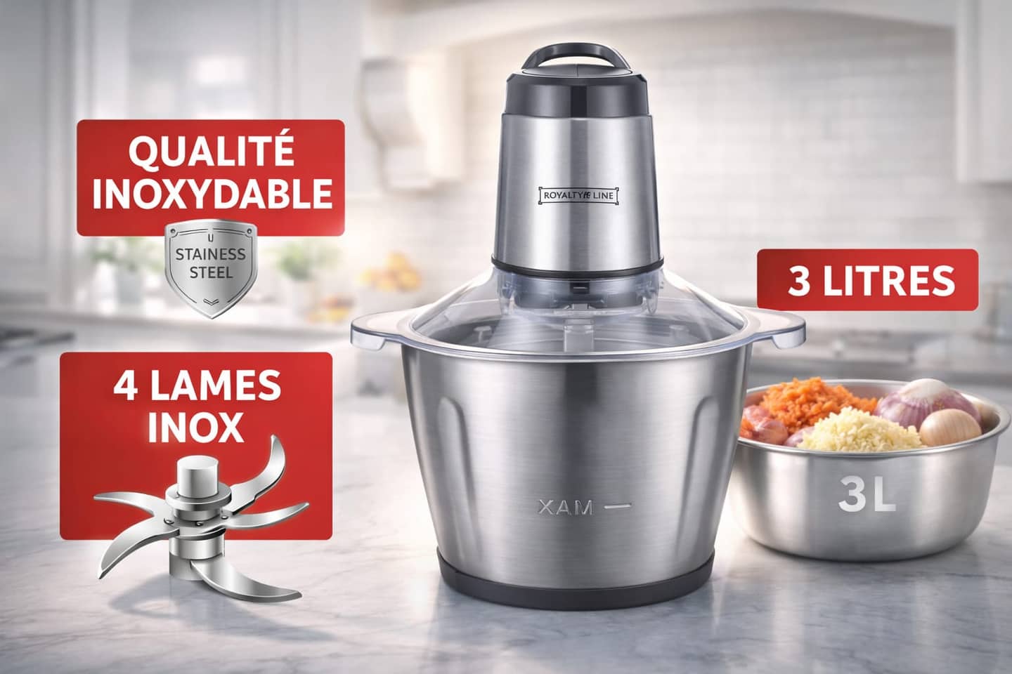 Hachoir électrique Royalty Line en acier inoxydable avec bol de 3 litres et 4 lames, sur un comptoir de cuisine. — vue 1