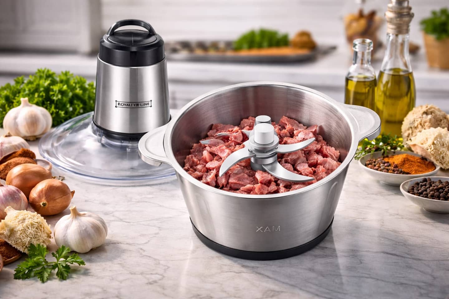 Hachoir électrique Royalty Line en acier inoxydable avec bol de 3 litres et 4 lames, sur un comptoir de cuisine. — vue 2