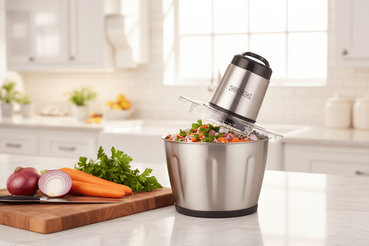 Hachoir électrique Royalty Line en acier inoxydable avec bol de 3 litres et 4 lames, sur un comptoir de cuisine. — vue 3