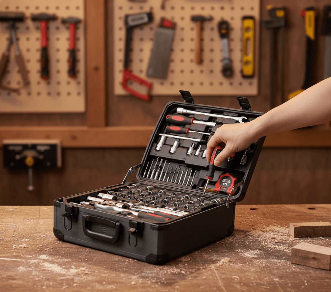 Quatre mallettes d'outils ouvertes presentant un assortiment complet de douilles, cles, tournevis et pinces. — vue 3