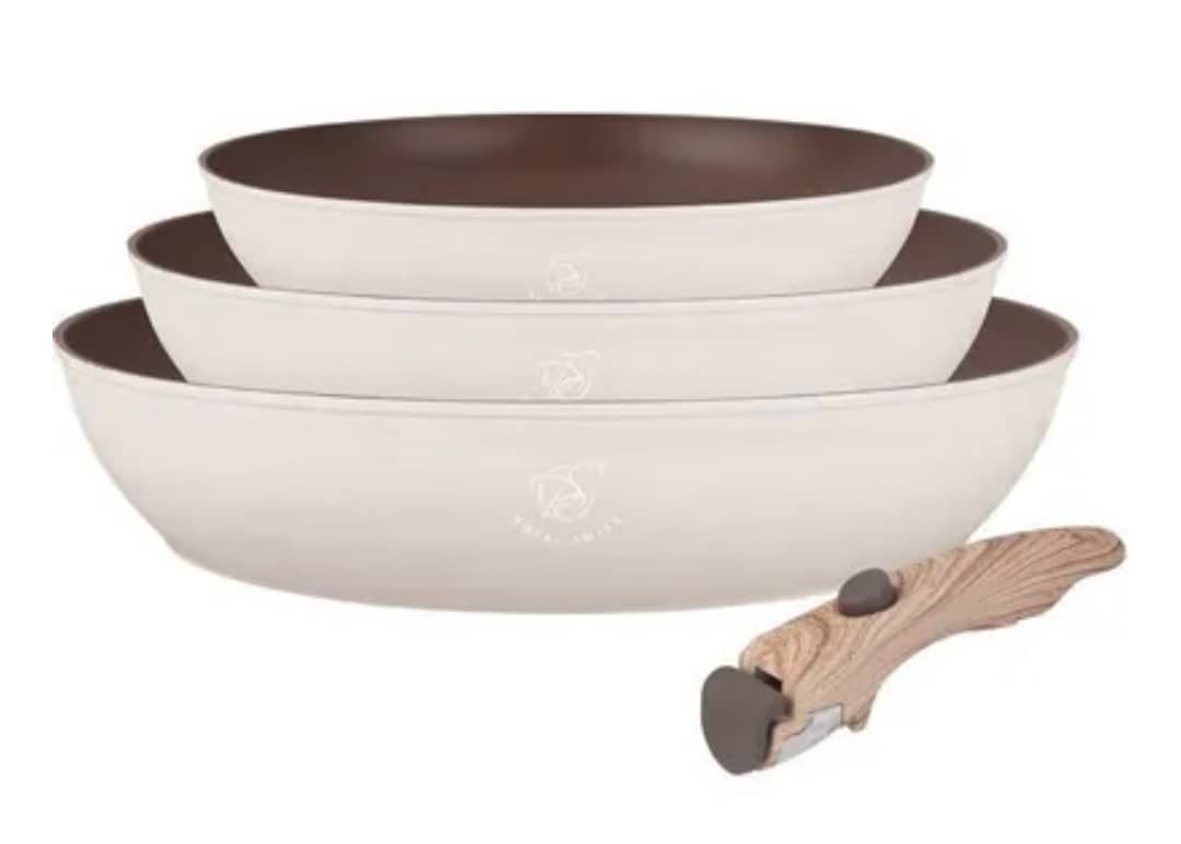 Lot de 3 poêles Royal Swiss en acier inoxydable avec manche en bois amovible, disponible en finition beige nacré ou noir marbré, présentées empilées. — vue 1
