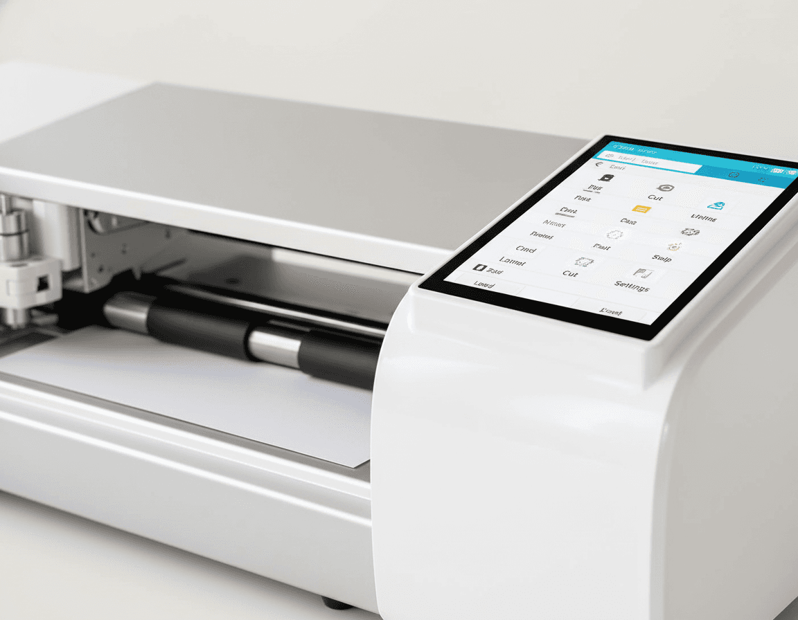 Machine de découpe électronique blanche et argentée avec écran tactile, posée sur un bureau clair. — vue 3