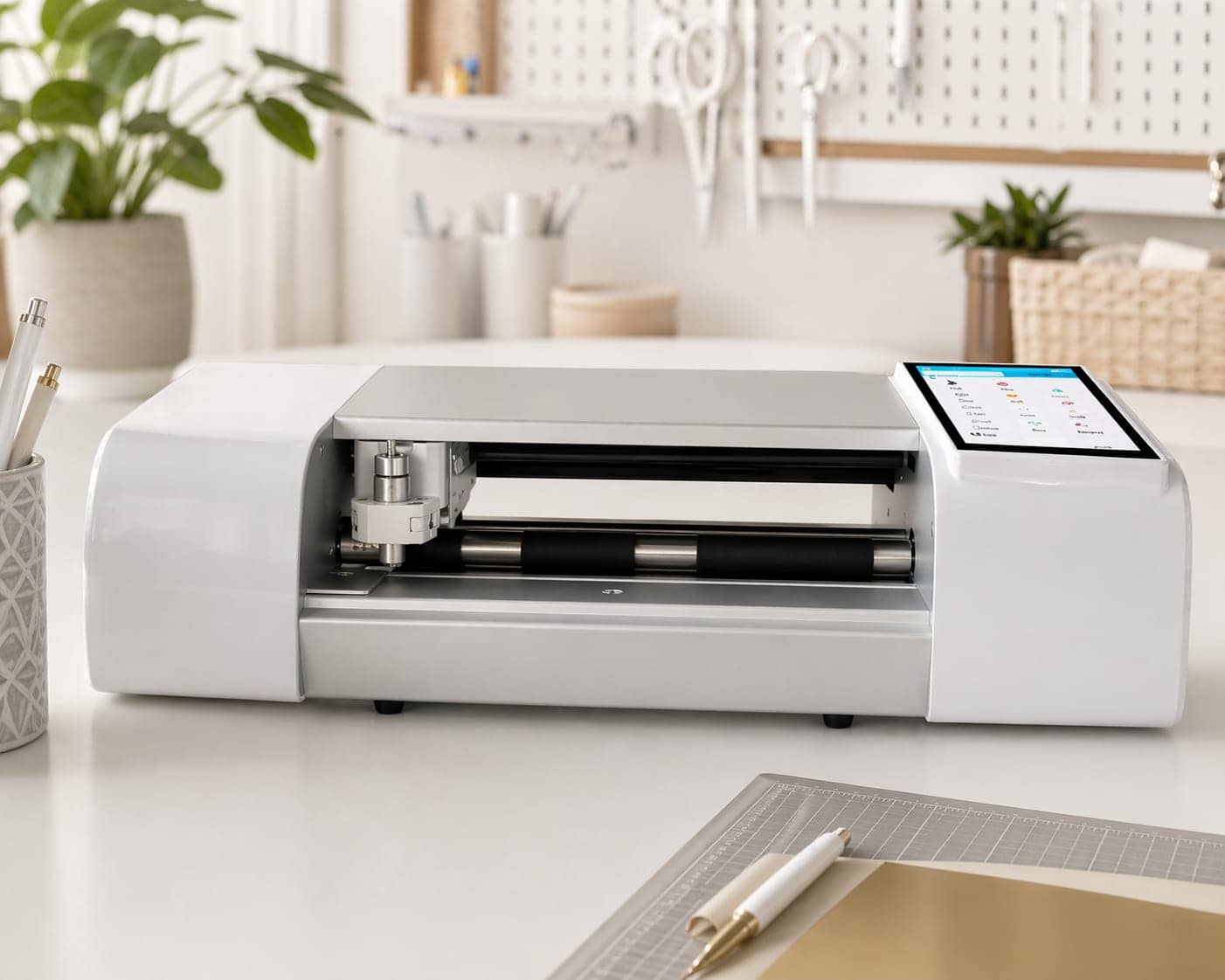Machine de découpe électronique blanche et argentée avec écran tactile, posée sur un bureau clair. — vue 1