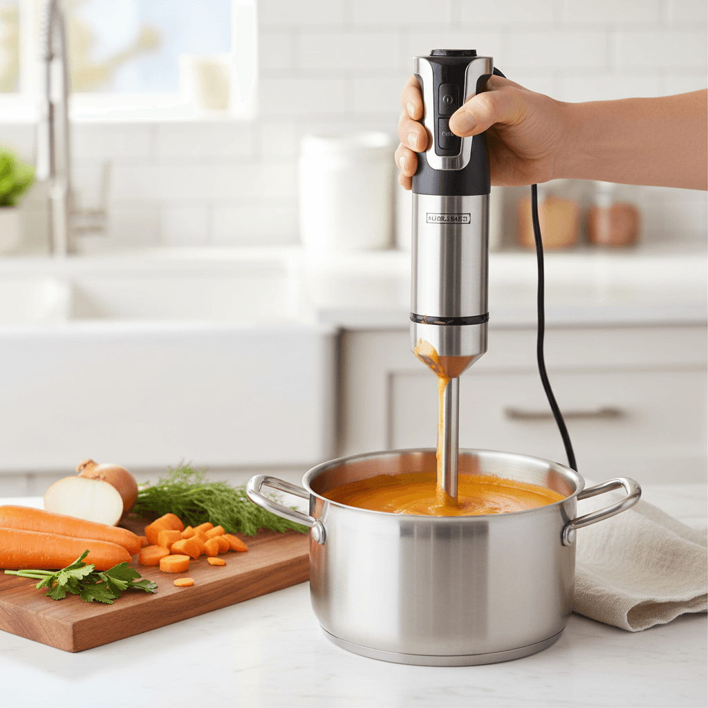 Mixeur plongeant moderne en acier inoxydable avec poignée noire et boutons de commande, sur fond blanc. — vue 3