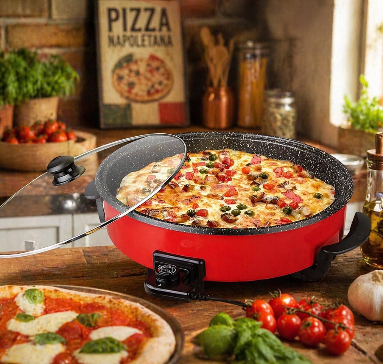 Poêle électrique rouge avec couvercle en verre, contenant une pizza cuite, sur une table en bois. — vue 1