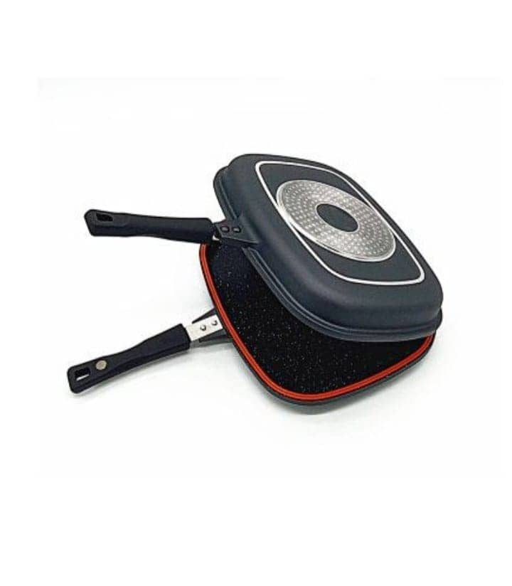 Poêle grill double face carrée noire mouchetée avec revêtement antiadhésif et poignée ergonomique. — vue 1