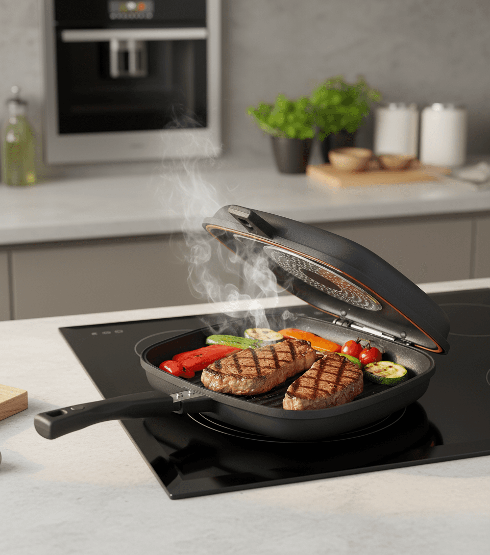 Poêle grill double face carrée noire mouchetée avec revêtement antiadhésif et poignée ergonomique. — vue 3