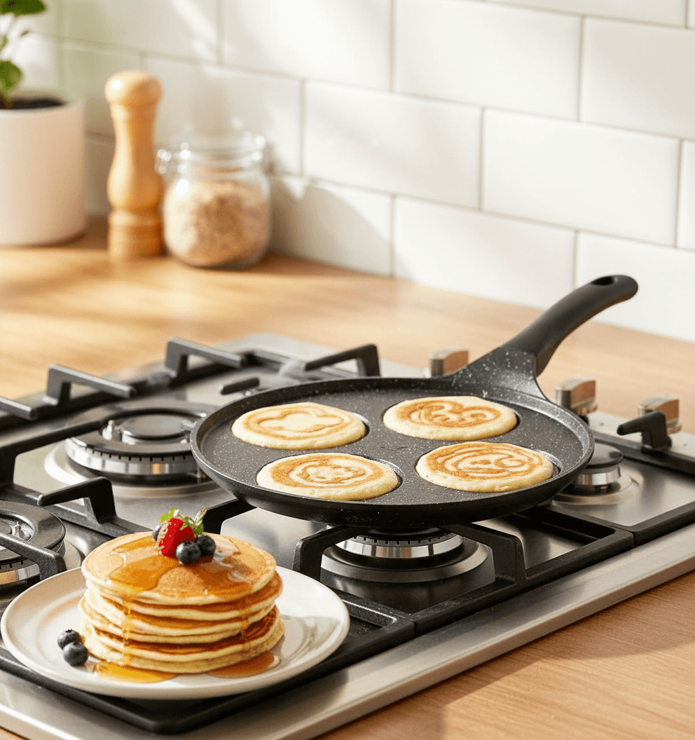 Une poêle noire antiadhésive avec quatre moules à motifs pour pancakes, posée sur une planche en bois. — vue 2