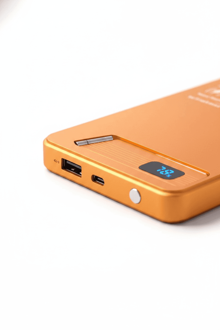 Deux power banks, un noir et un orange, avec charge sans fil et affichage numérique. — vue 3