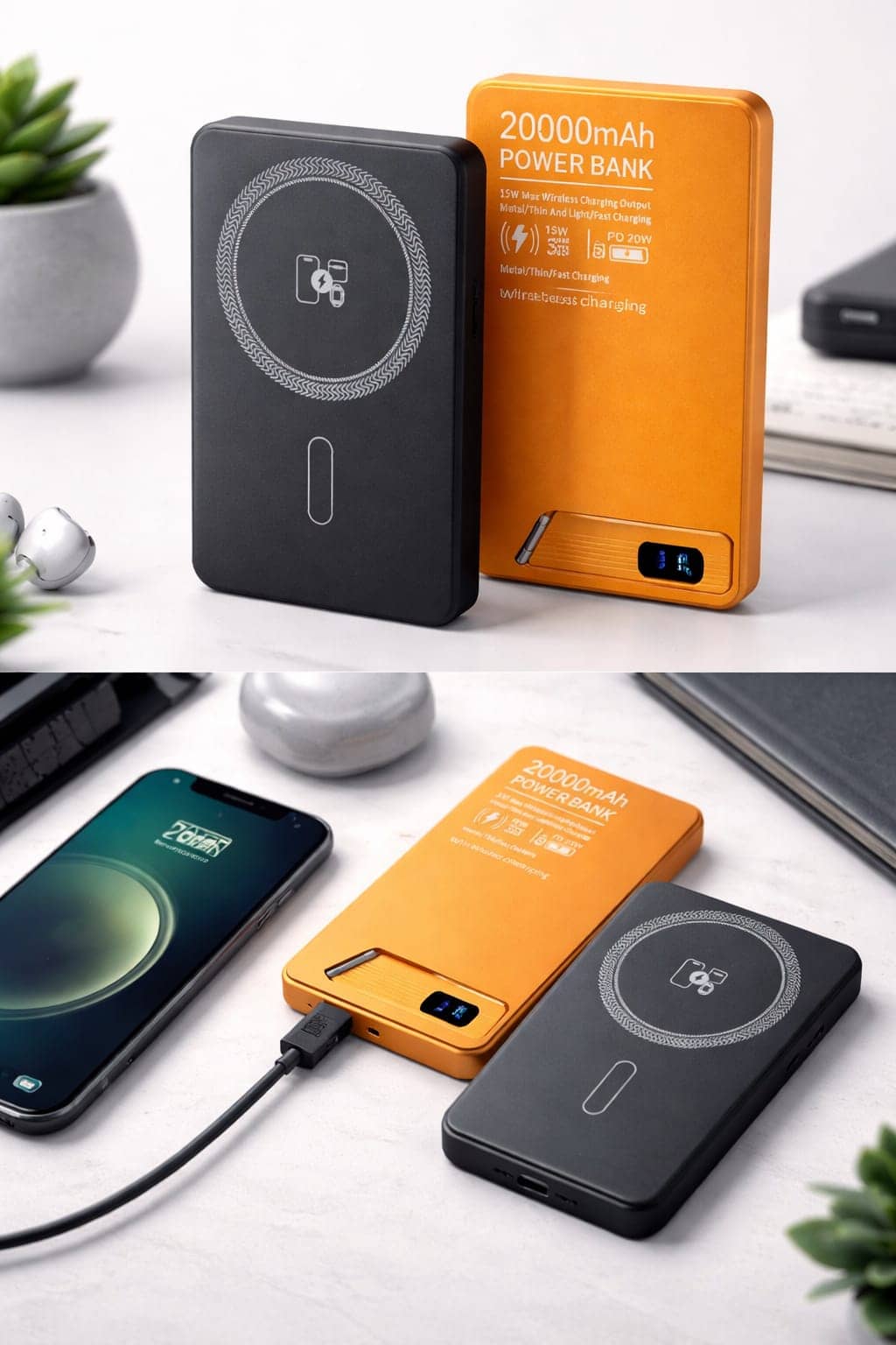 Deux power banks, un noir et un orange, avec charge sans fil et affichage numérique. — vue 1