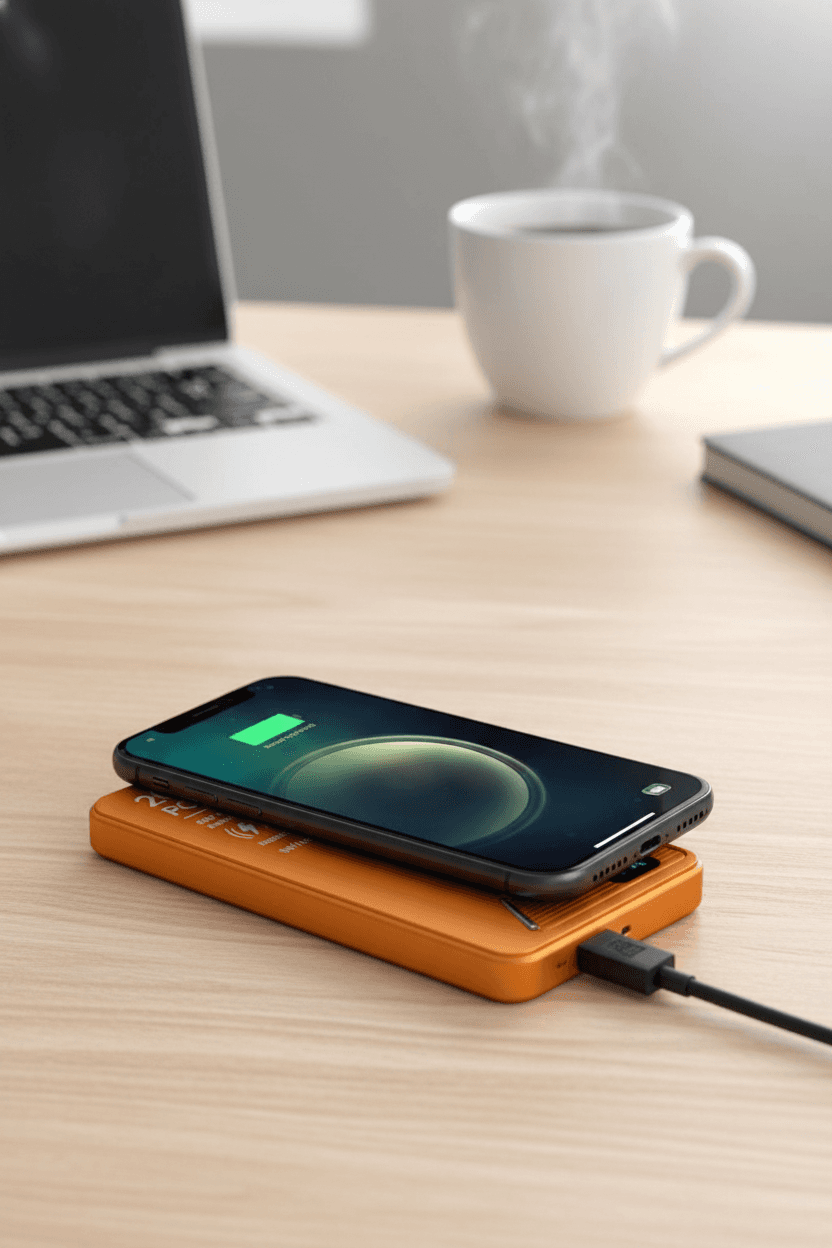 Deux power banks, un noir et un orange, avec charge sans fil et affichage numérique. — vue 2