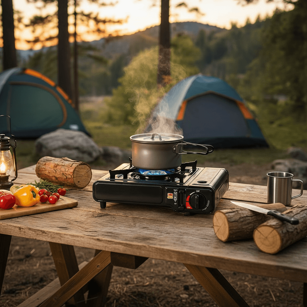 Réchaud à gaz portable noir avec une poêle en train de cuire des aliments, en extérieur avec une tente. — vue 2