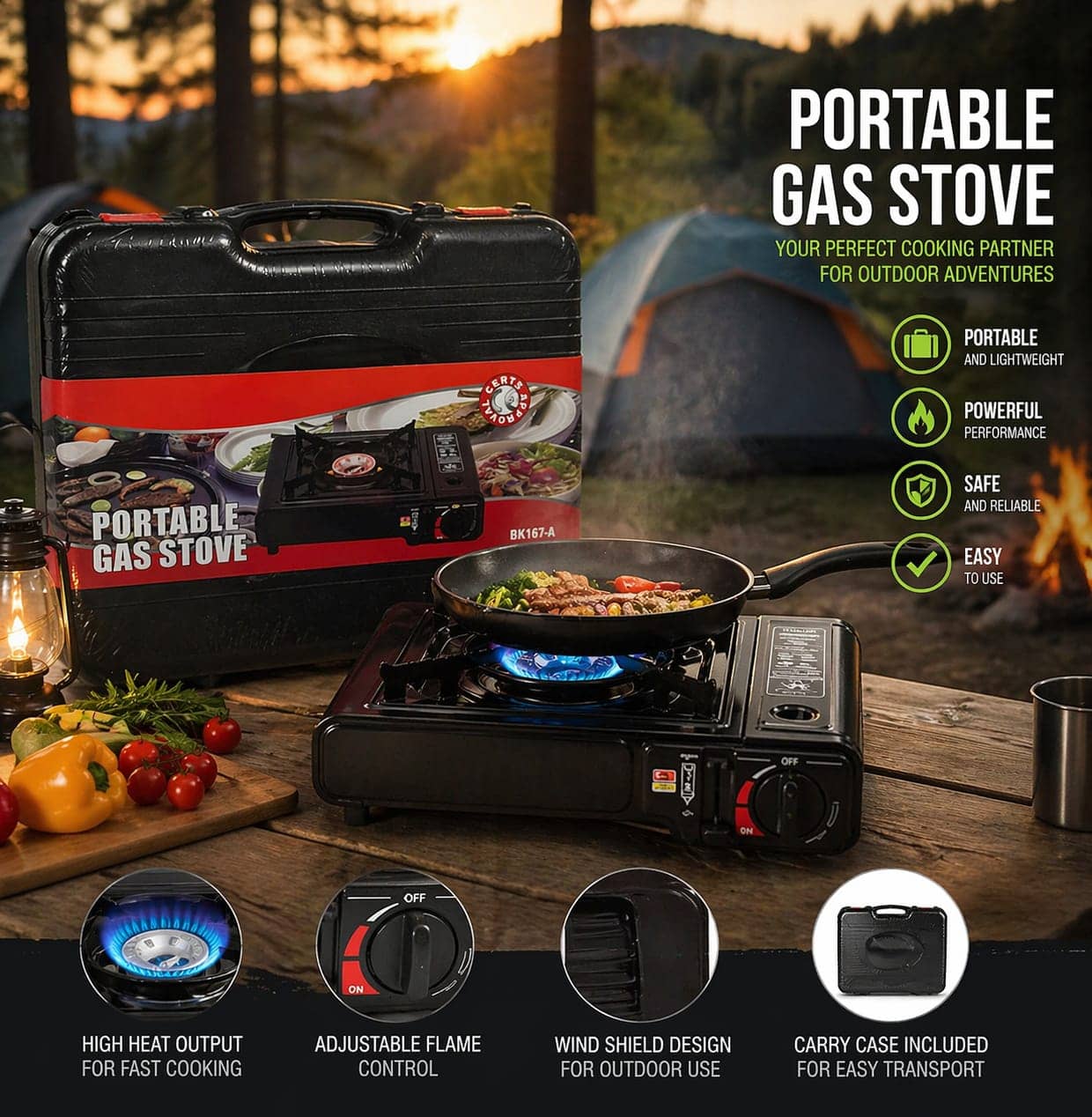 Réchaud à gaz portable noir avec une poêle en train de cuire des aliments, en extérieur avec une tente. — vue 1