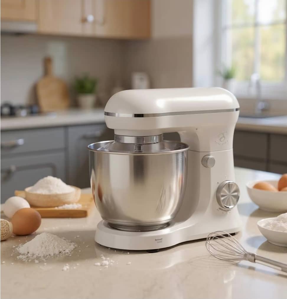 Robot pâtissier Royal Swiss 5L avec bol en acier inoxydable, disponible en finition blanche rétro ou marron espresso. — vue 1