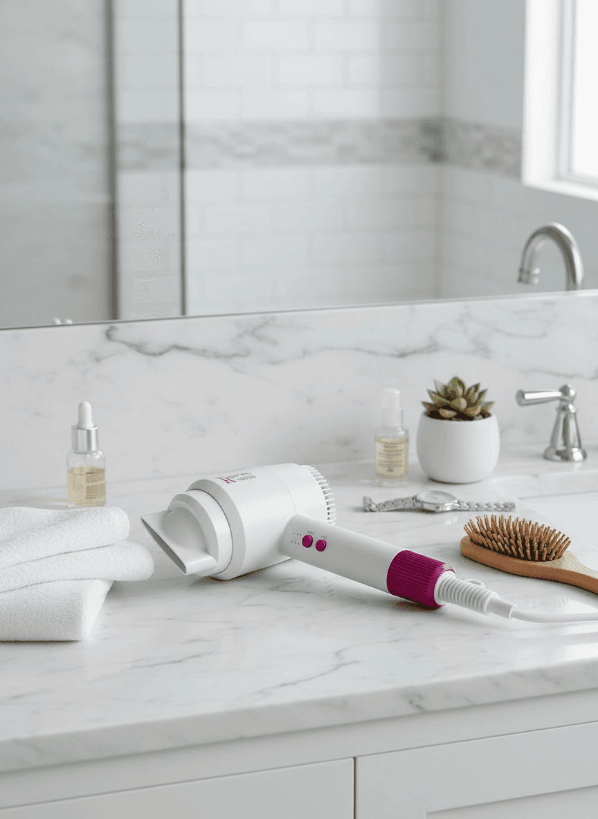 Sèche-cheveux blanc et fuchsia de marque Royal Swiss posé à côté de sa boîte sur une surface blanche. — vue 2