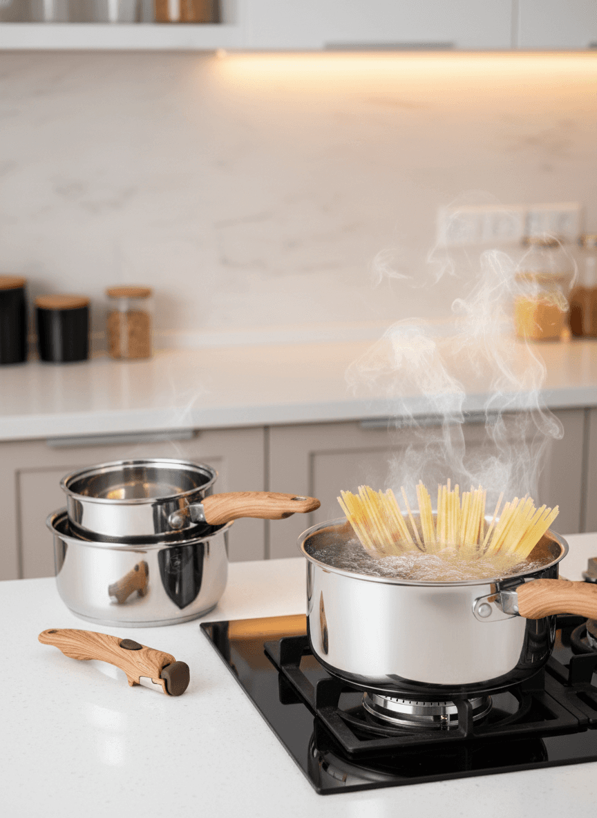 Trois casseroles en acier inoxydable empilées avec une poignée amovible sur un fond clair. — vue 3