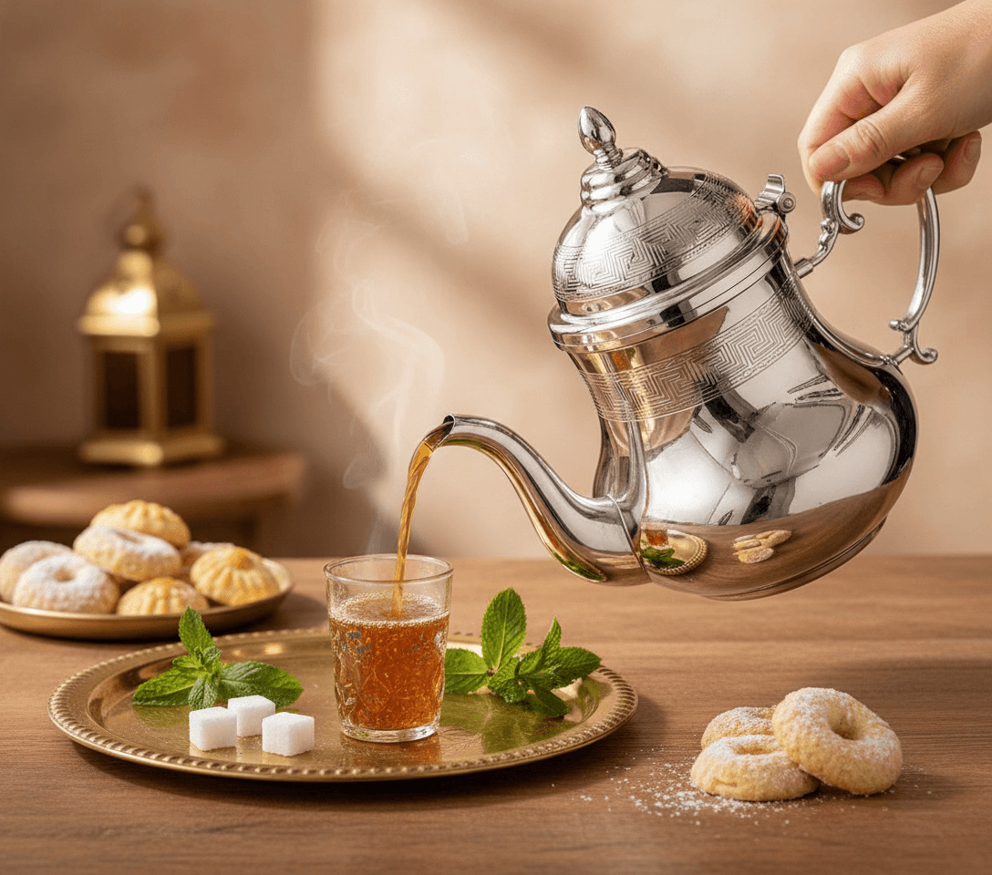 Théière marocaine argentée avec motifs gravés, posée sur une table en bois avec deux verres de thé. — vue 2