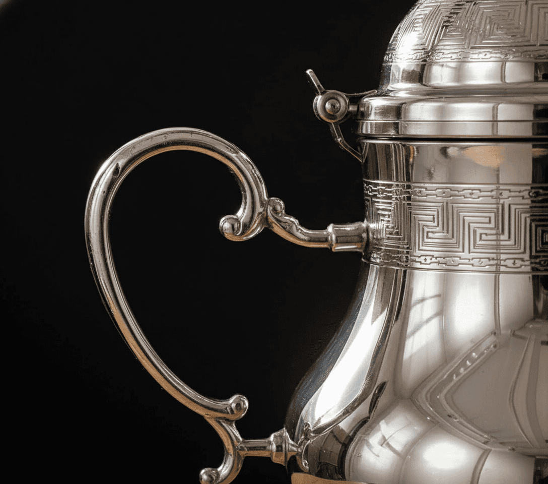Théière marocaine argentée avec motifs gravés, posée sur une table en bois avec deux verres de thé. — vue 3