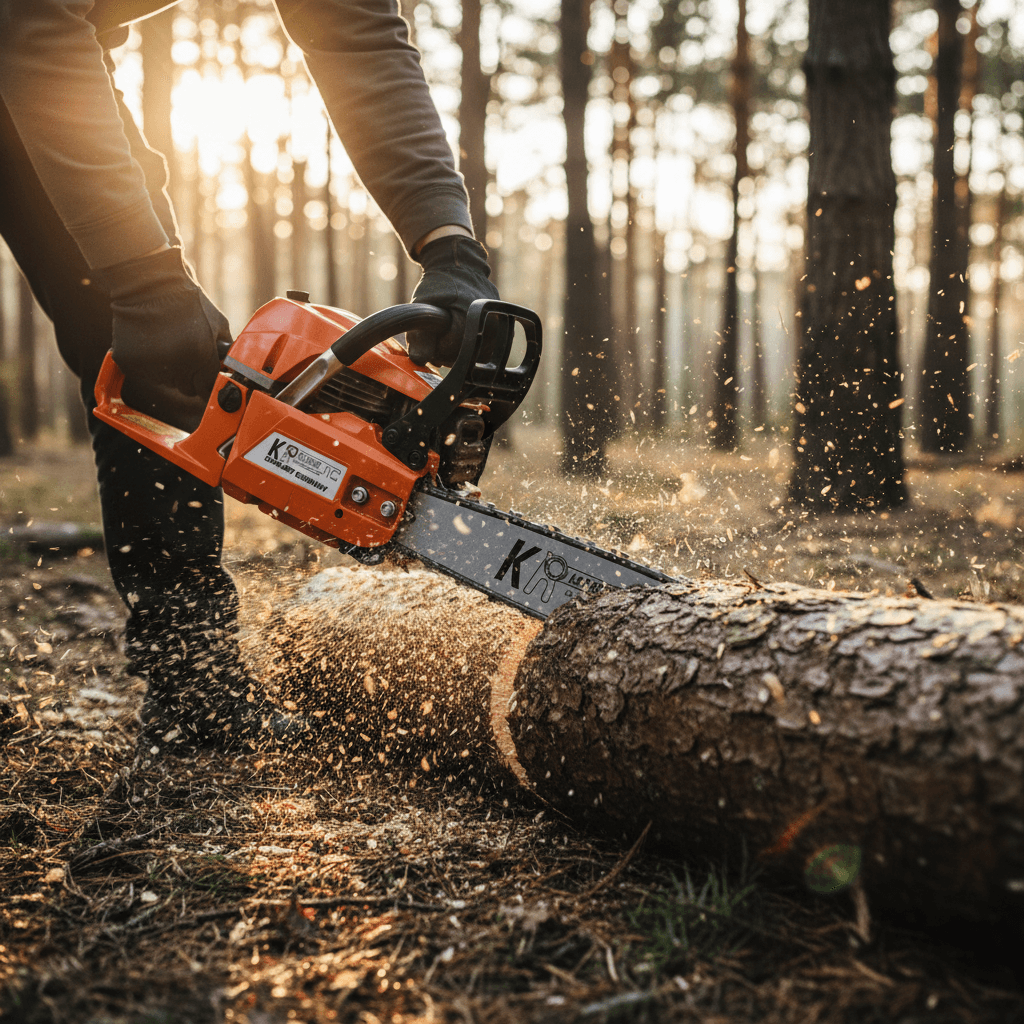 Tronçonneuse thermique Smart Germany orange posée sur une souche dans un environnement forestier, avec gants à proximité. — vue 3