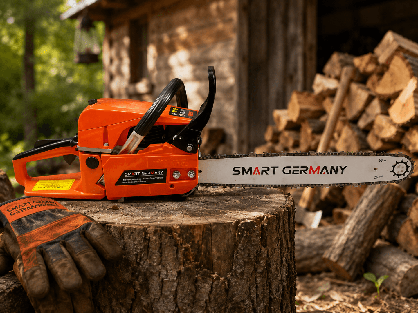 Tronçonneuse thermique Smart Germany orange posée sur une souche dans un environnement forestier, avec gants à proximité. — vue 1