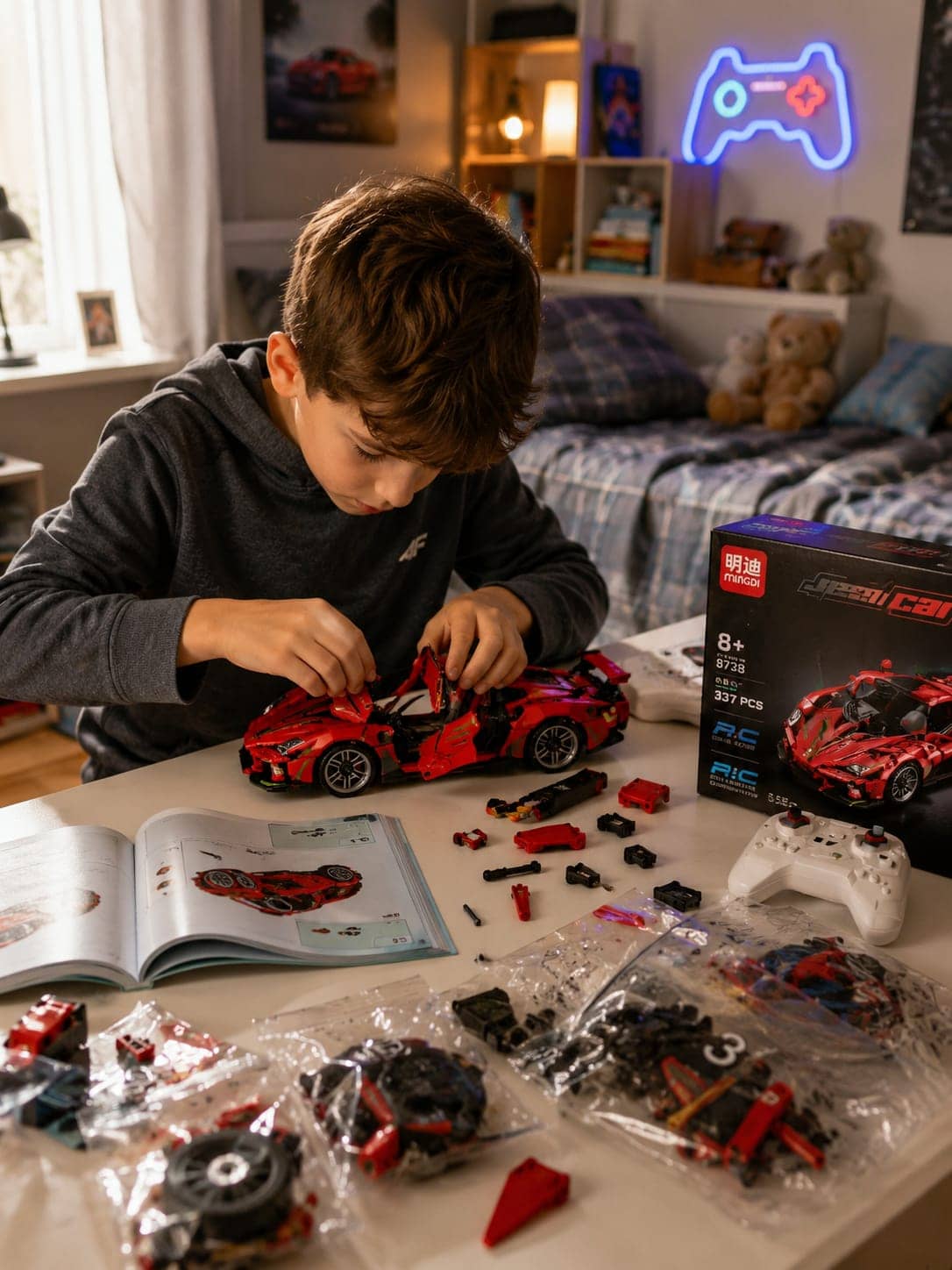 Trois kits de construction de voitures de course télécommandées Mingdi en rouge, jaune et verte, posés sur une table. — vue 2